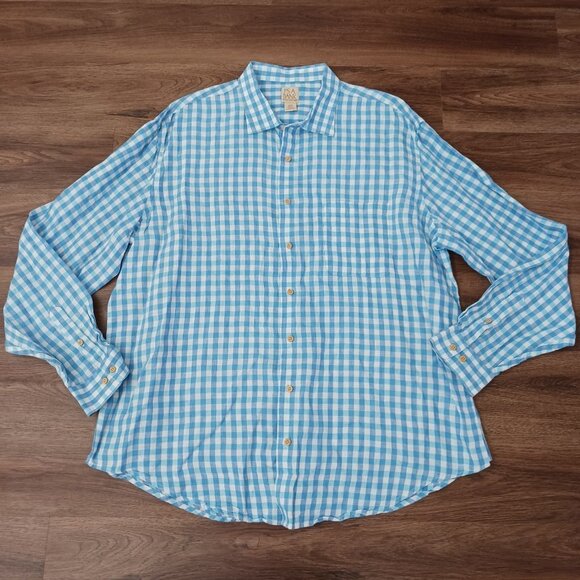 Jos A Bank 2XT Blue Plaid Linen Long Sleeve Button Front Shirt - Picture 2 of 3